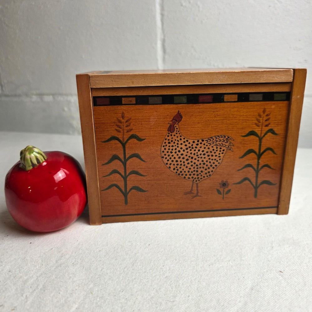 Vintage Kamenstein Farmhouse Wood Recipe Box Speckled Hen Colorful Border
